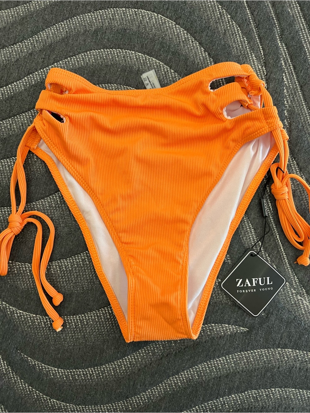 NWT Zaful Bright Orange Ribbed High-Leg Bikini Bottoms with adjustable side ties
